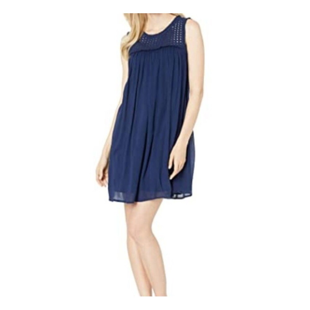 Tommy Bahama Dress Womens Large Navy Crinkle Sleeveless Eyelet Tasel Tie